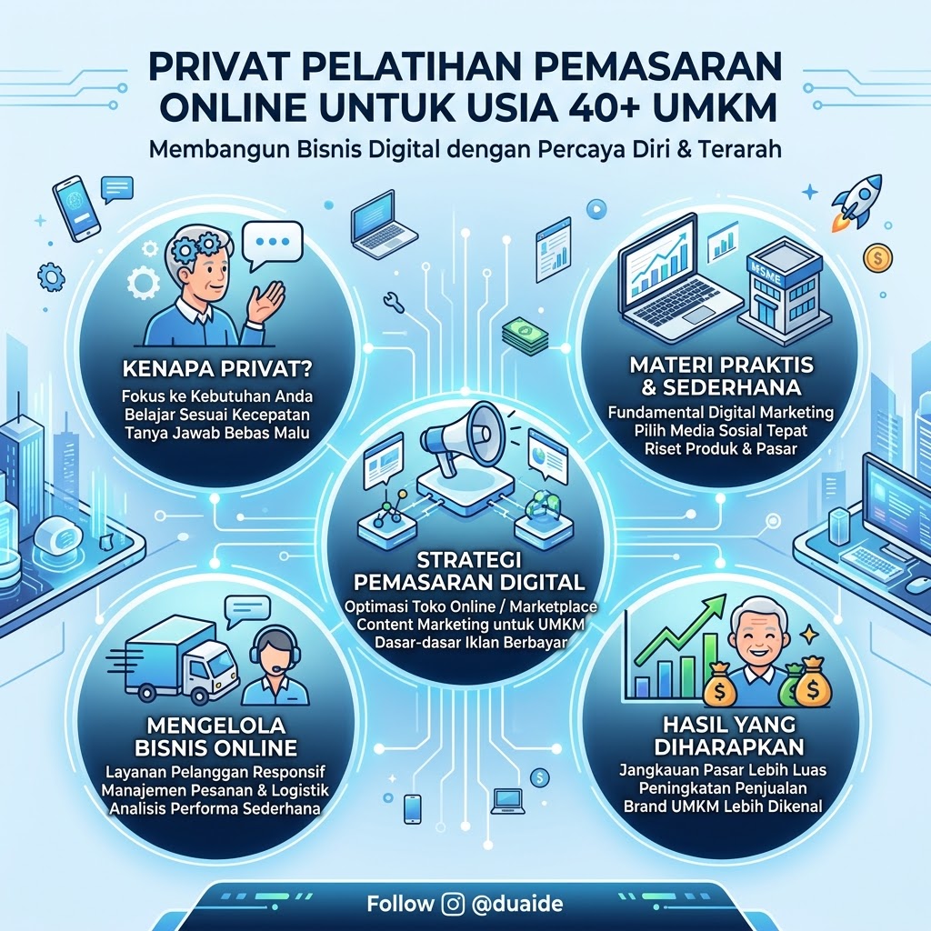 Duaide-infografis tentang Privat dalam Pelatihan Pemasaran Online (digital market) untuk usia 40+ (senior) umkm
